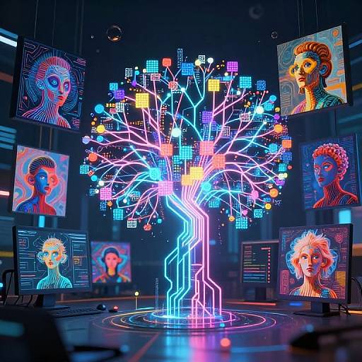 Neon digital art installation featuring a glowing tree with colorful pixelated leaves, surrounded by portraits of stylized women on screens.
