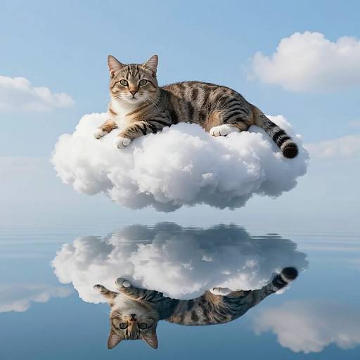 Photograph of a tabby cat lounging on a white cloud, with a perfect reflection on a calm, blue water surface.