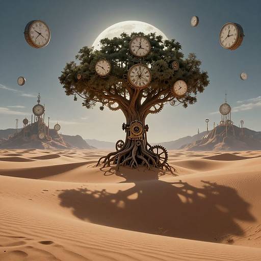 Digital artwork of a surreal desert scene with a clock tree at the center, surrounded by floating clocks, gears, and sunlit sand dunes under a