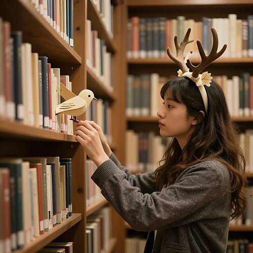 Photograph of a young woman with brown hair, deer antler headband, and gray sweater, reaching for a book amidst wooden bookshelves.