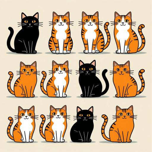 Cartoon Group of Orange Tabby and Black Cats