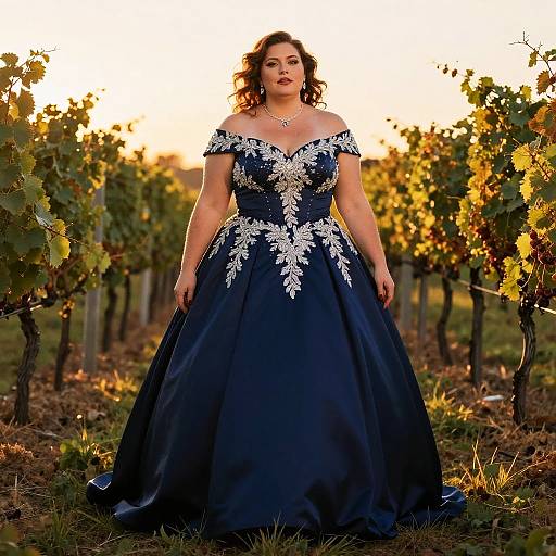 Photograph of a curvy woman with wavy brown hair in an off-shoulder, navy blue, floral-embellished ball gown,