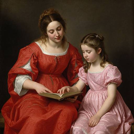 Photorealistic painting of a fair-skinned woman in a red dress reading to a fair-skinned girl in a pink dress, dark background.