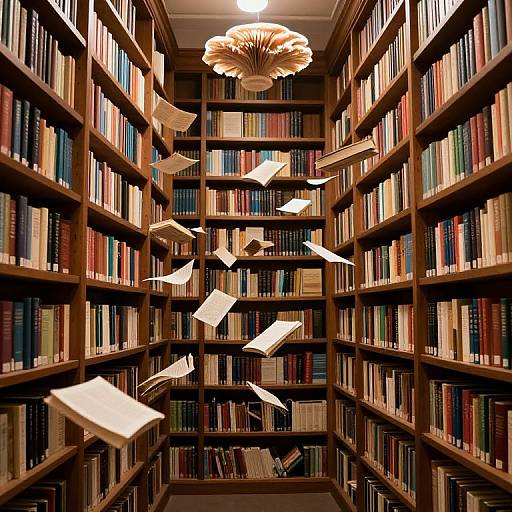 Photograph of a library aisle with wooden bookshelves on both sides, filled with colorful books, and floating white papers. Ornate, flower-shaped