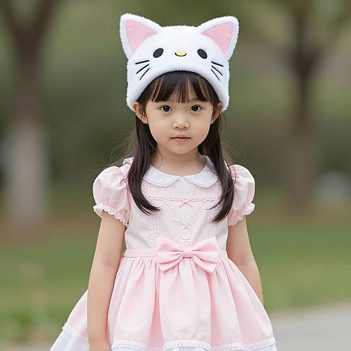 Photograph of an Asian girl with long black hair, wearing a pink dress and white cat-eared hat, standing in a blurred green park.