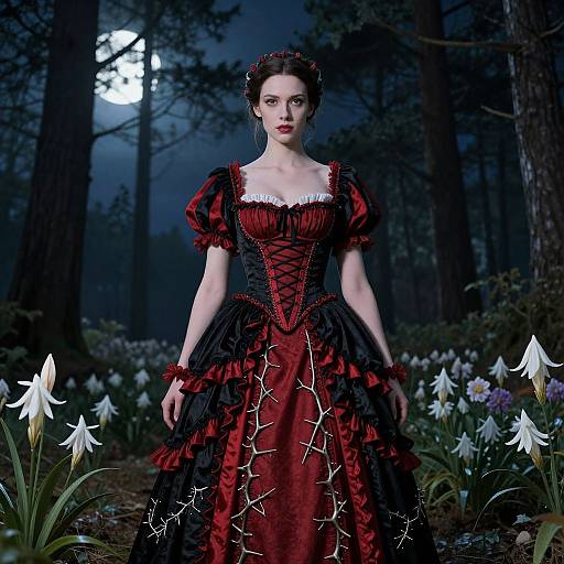 Photograph of a pale-skinned woman with red lipstick, dark hair, in a gothic red and black Victorian dress, standing in a moonlit