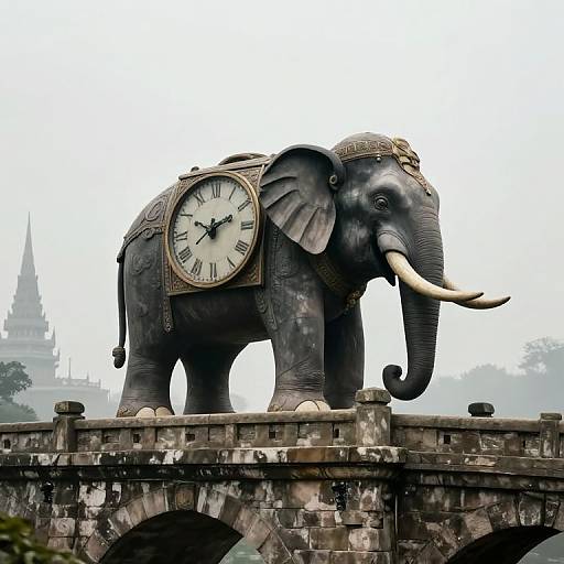 Photograph of a weathered, clock-topped, ornate elephant statue standing on a stone bridge with a misty, temple-filled background.