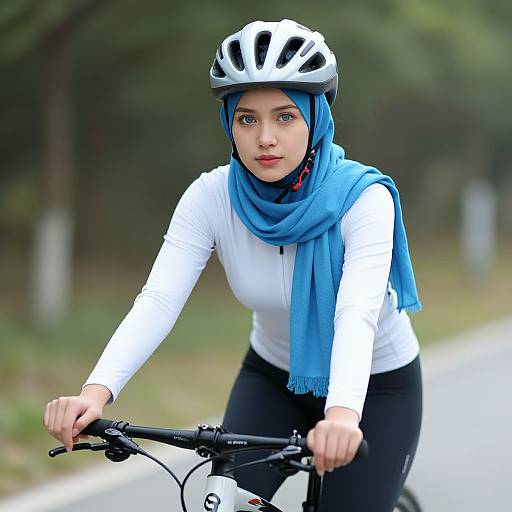 Photograph of a young woman with blue hijab, white long-sleeve shirt, and blue scarf, cycling on a road, wearing a white