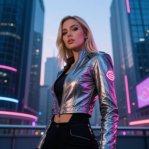 Blonde Woman in Cyberpunk Cityscape