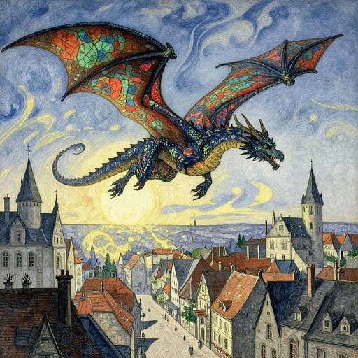Vibrant digital painting of a colorful dragon soaring over a medieval European town with red-roofed buildings and Gothic towers. Sky is swirling blue and
