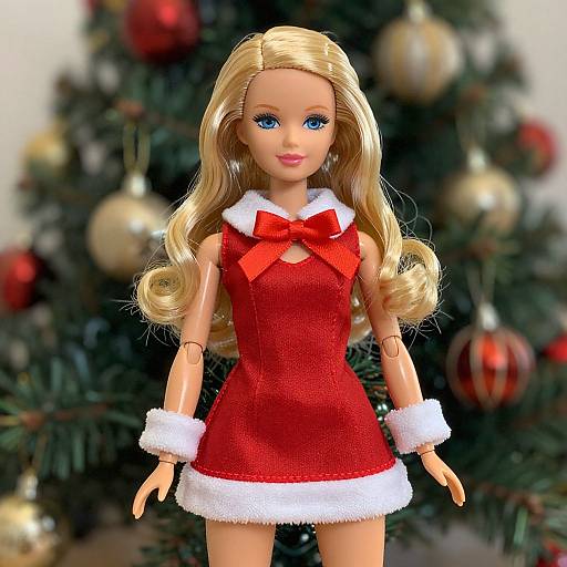 Photograph of a blonde Barbie doll in a red Santa dress with white fur trim, standing in front of a decorated Christmas tree.