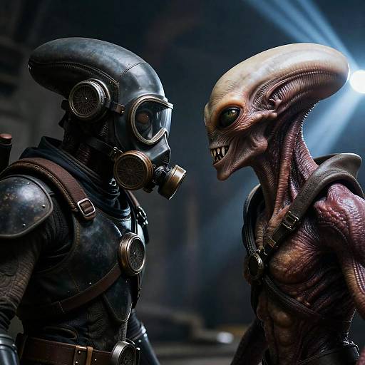Two Alien Characters in Dark Industrial Setting
