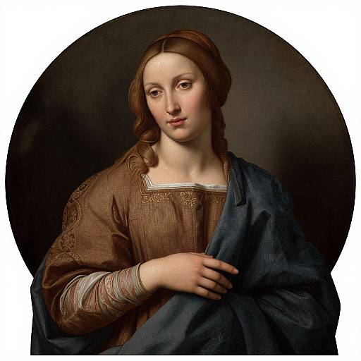Photograph of a Renaissance-style painting of a serene young woman with fair skin, brown wavy hair, brown dress, and blue shawl, against
