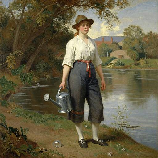 Realistic painting of a young woman in white blouse, blue knee-length pants, holding a metal watering can by a serene lakeside.