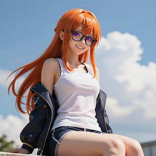 Photograph of a cute anime-style girl with long red hair, black glasses, white tank top, black shorts, and open jacket, sitting outdoors against