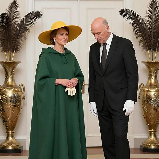 Elegant Encounter: Cloaked Woman and Suit-Clad Man