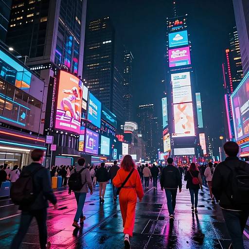 Nighttime photograph of a bustling, neon-lit city street, filled with pedestrians in colorful clothing, surrounded by vibrant, glowing billboards.