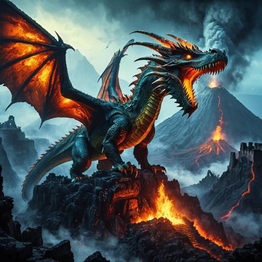 Fire-Breathing Dragon Over Volcanic Ruins