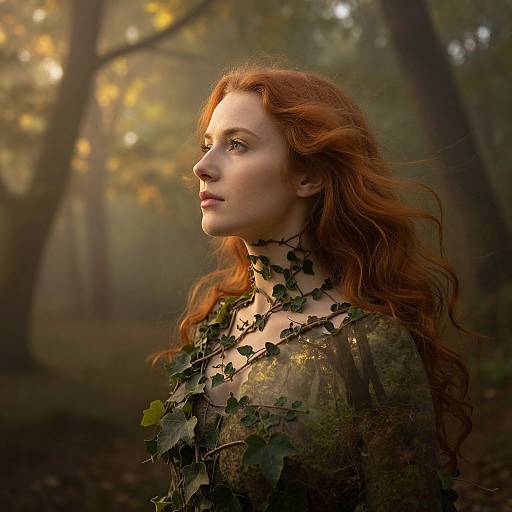 Photograph of a red-haired woman with wavy hair, wearing a leaf-covered, sheer dress, standing in a sunlit forest, gazing thought