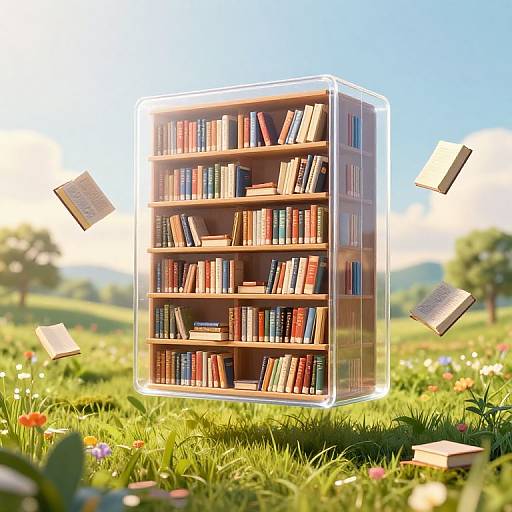 Floating transparent bookshelf with colorful books, surrounded by flying books, set in a bright, sunny, grassy meadow with wildflowers.