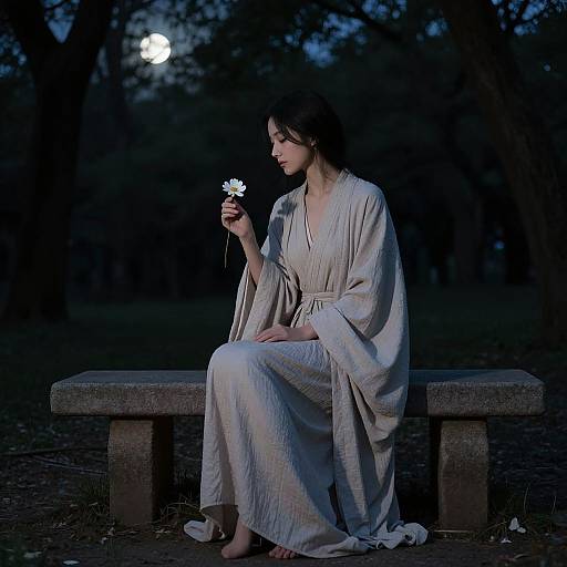 Photograph of a serene woman in a flowing, beige robe, sitting on a wooden bench at night, holding a white flower, moonlight illuminating