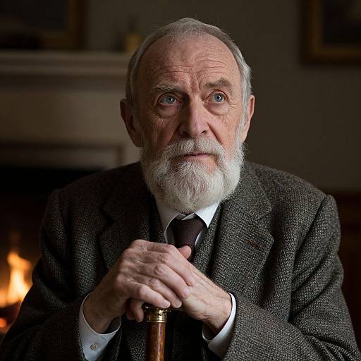 Photograph of an elderly white man with a white beard, blue eyes, wearing a dark tweed suit, holding a wooden cane, sitting in a
