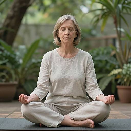 Photograph of an elderly woman with short gray hair, wearing a white long-sleeve shirt and pants, meditating cross-legged on a yoga mat