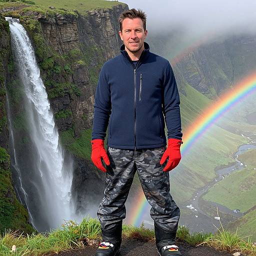Photograph of a middle-aged man with short brown hair, wearing a navy jacket, camouflage pants, red gloves, and sandals, standing in front of