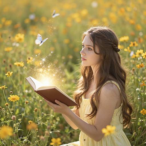 Young woman with long brown hair, wearing a yellow dress, reads a book in a sunlit field of yellow flowers, with a sparkling, glowing light