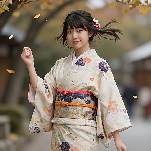 Photograph of an Asian woman in a traditional floral kimono, yellow obi, and black hair with red hairpin, walking outdoors with autumn leaves