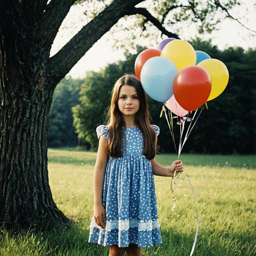 Girl Holding Balloons in Blue Dress