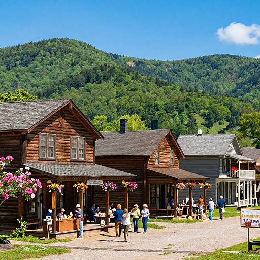 Photograph of rustic wooden buildings with flower baskets, people walking, and lush green mountains in the background on a bright, sunny day.