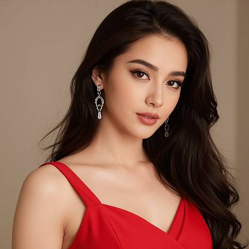 Photograph of an Asian woman with long black hair, wearing a red sleeveless dress and silver dangling earrings, against a beige background.