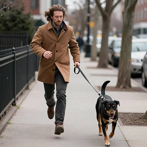 Man and Dog Running Through City Park