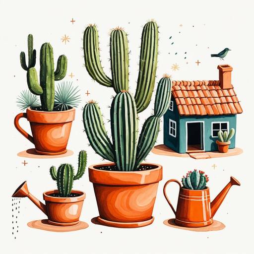 Whimsical Gouache Cactus Pots and Watering Can House