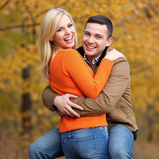 Photograph of a smiling blonde woman in an orange sweater and blue jeans, being hugged from behind by a dark-haired man in a brown jacket and blue