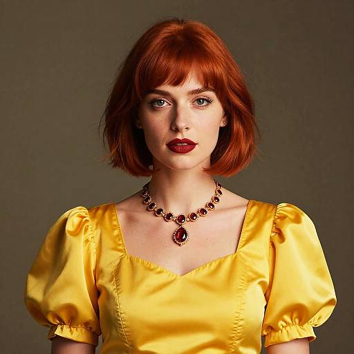 Photograph of a fair-skinned woman with red bob haircut, wearing a yellow satin dress with puffed sleeves, and a red gemstone necklace,