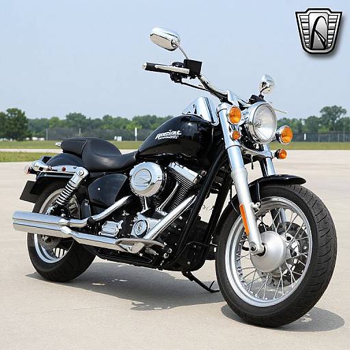 Photograph of a black Harley-Davidson motorcycle with chrome accents, parked on a sunny, empty road, with trees in the background.