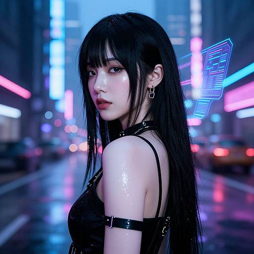 Cyberpunk-style photograph of an Asian woman with long black hair, glowing face markings, black leather outfit, neon cityscape background.