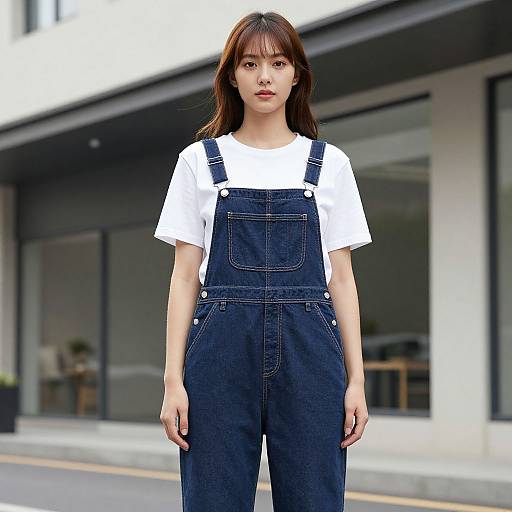 Photograph of an Asian woman with straight brown hair, wearing a white t-shirt and dark blue denim overalls, standing on a city street with modern