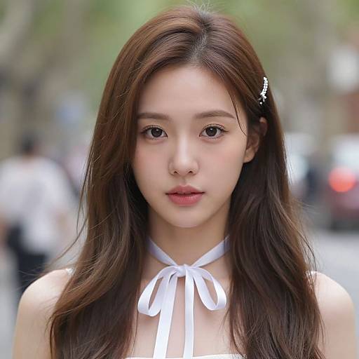 Photograph of an Asian woman with long brown hair, wearing a white ribbon choker, looking directly at the camera in a blurred urban street background.