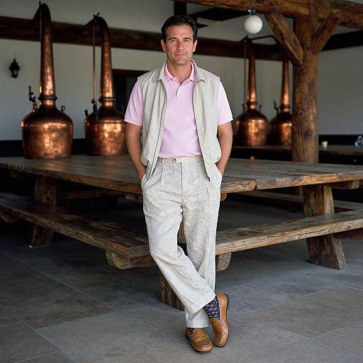 Photograph of a smiling man in a pink shirt, white vest, and white pants, leaning against a wooden table in a rustic room with copper k