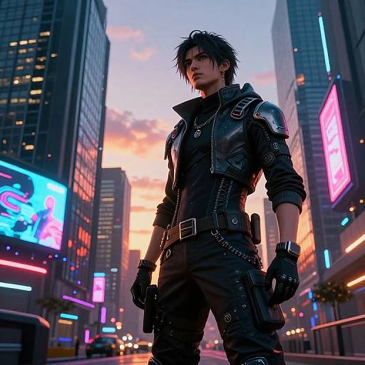 Cyberpunk cityscape photograph of a muscular, black-haired man in a leather jacket, gloves, and gun, standing confidently at dusk. Neon lights