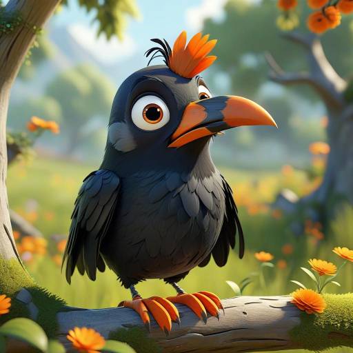 Charming 3D Cartoon Crow in Meadow