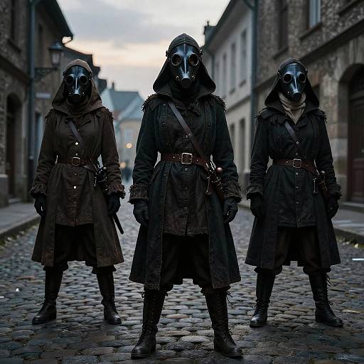 Photograph of three masked figures in dark, hooded coats and belts, standing on a cobblestone street at dusk, with eerie, gas mask