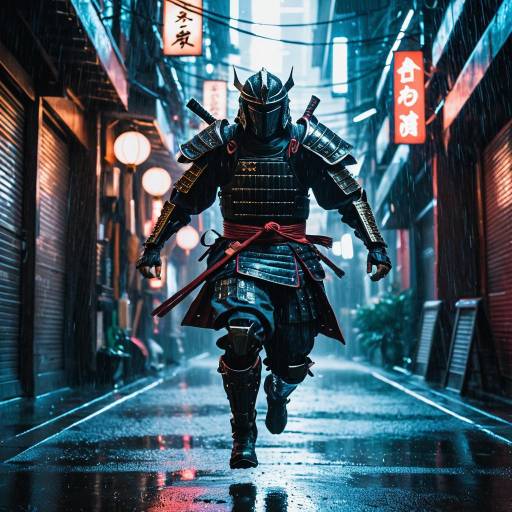 Cybernetic Samurai Warrior in Neon Alley