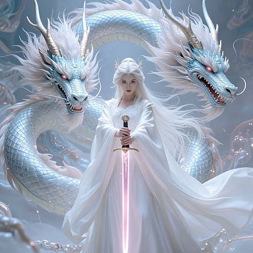 Digital art: Pale-skinned woman with white hair and crown, wearing a flowing white dress, holds a glowing sword. Two fierce, blue-scaled
