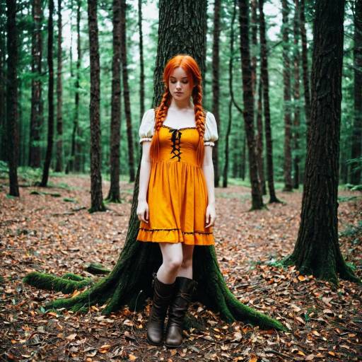 Woman in Orange Dress with Braids Standing in Forest