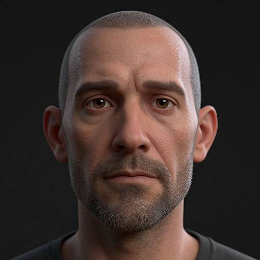 Photorealistic CGI portrait of a bald, middle-aged man with a short beard, brown eyes, and a serious expression against a black background.