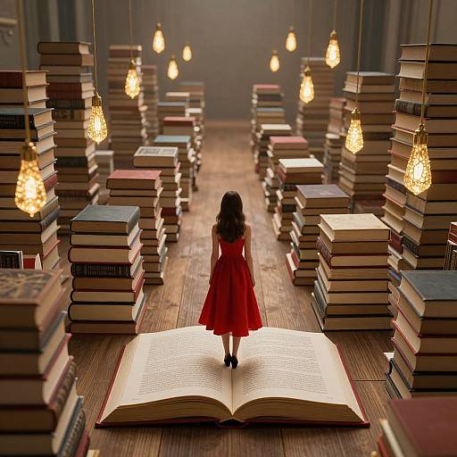 Photograph of a girl in a red dress standing on an open book, surrounded by stacked books, under hanging bulbs in a dimly lit library.